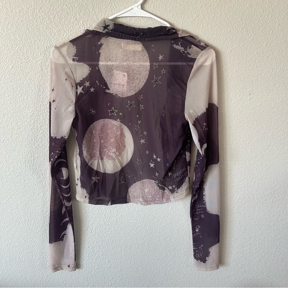 Free People On The Scene Plum Combo Moon Print Mesh Button Up Top - Picture 6 of 7